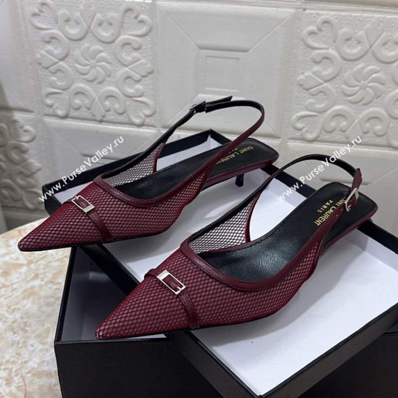 Saint Laurent Mesh Slingback Pumps 3.5cm with Buckle Burgundy 2025 SL082501 (MD-250825116)