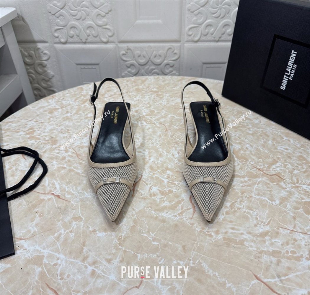 Saint Laurent Mesh Slingback Pumps 3.5cm with Buckle Beige 2025 SL082501 (MD-250825117)