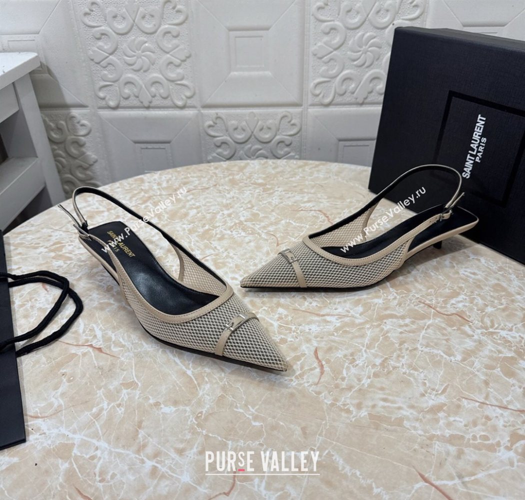 Saint Laurent Mesh Slingback Pumps 3.5cm with Buckle Beige 2025 SL082501 (MD-250825117)