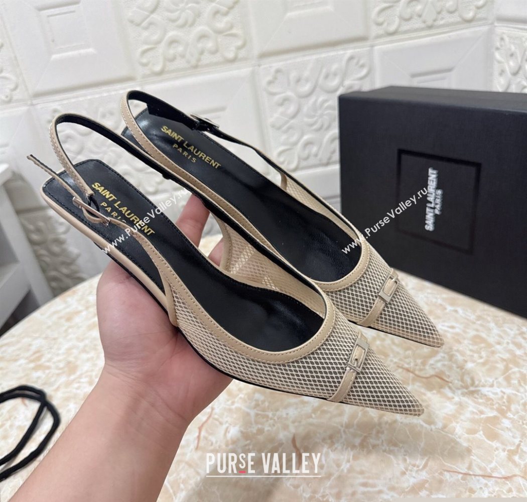 Saint Laurent Mesh Slingback Pumps 3.5cm with Buckle Beige 2025 SL082501 (MD-250825117)