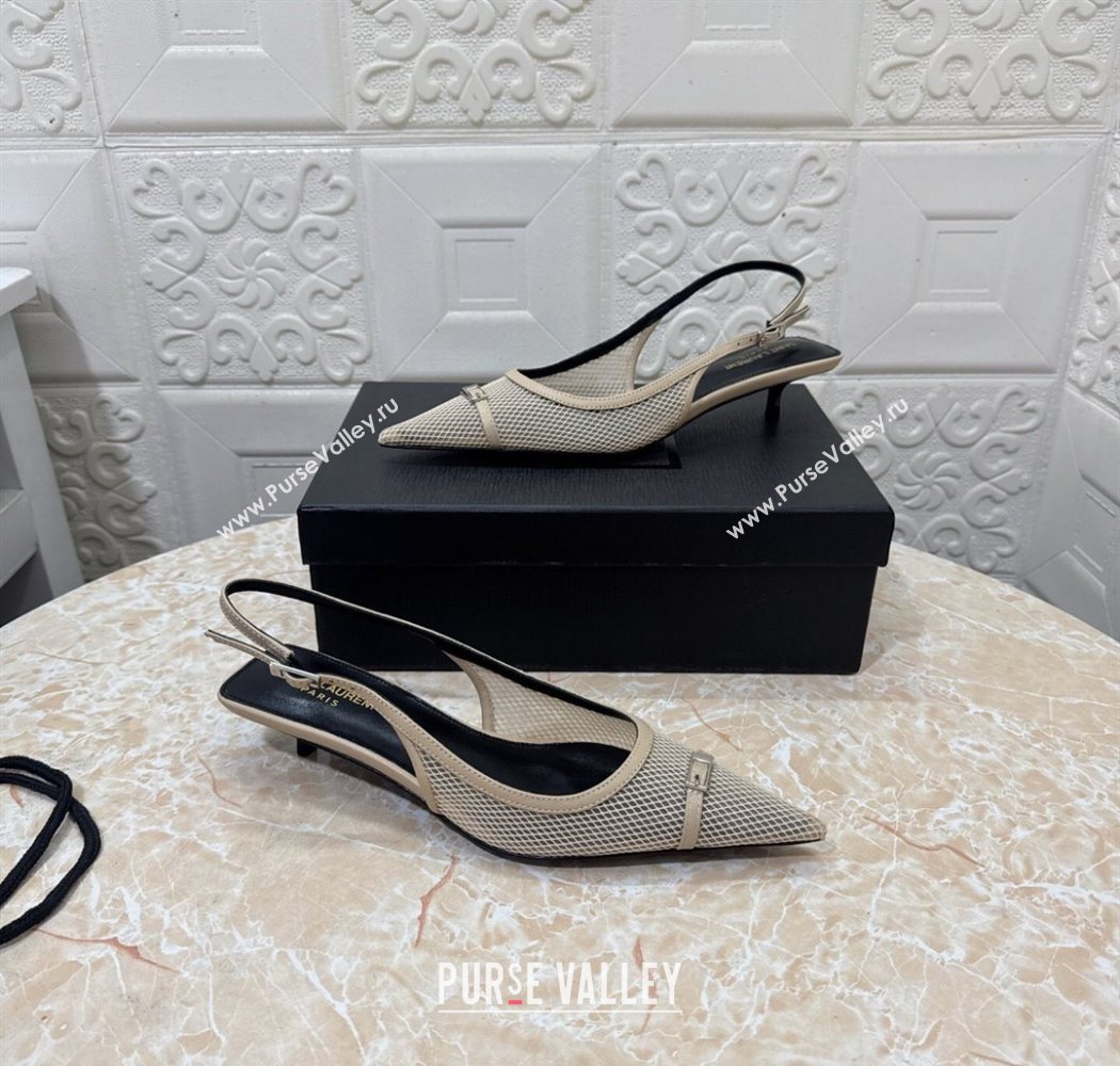 Saint Laurent Mesh Slingback Pumps 3.5cm with Buckle Beige 2025 SL082501 (MD-250825117)