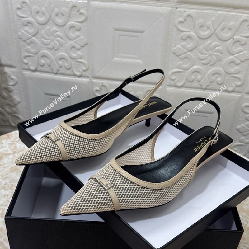 Saint Laurent Mesh Slingback Pumps 3.5cm with Buckle Beige 2025 SL082501 (MD-250825117)