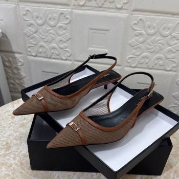 Saint Laurent Mesh Slingback Pumps 3.5cm with Buckle Brown 2025 SL082501 (MD-250825118)