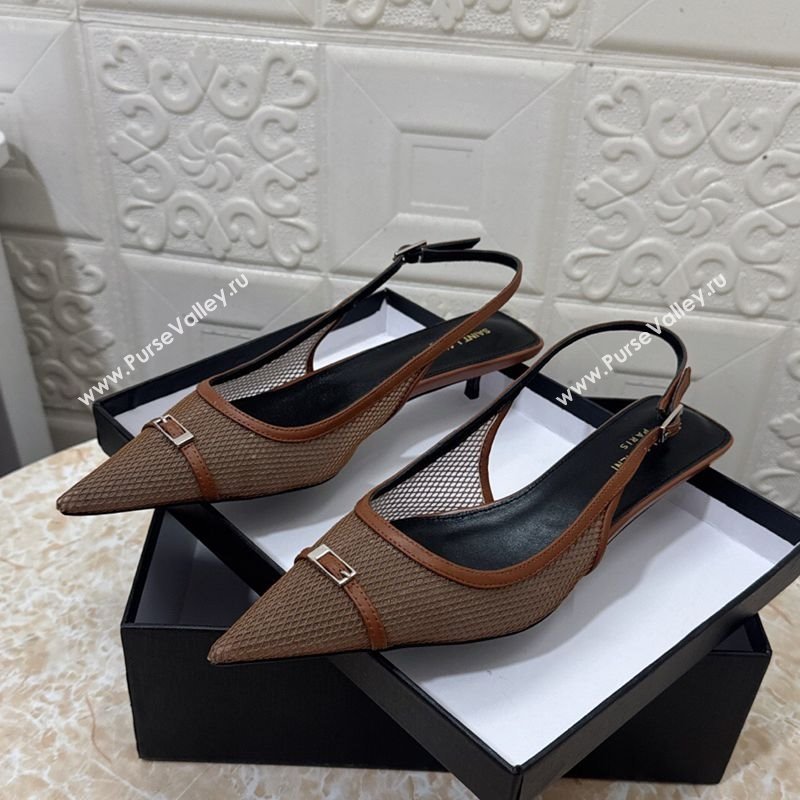 Saint Laurent Mesh Slingback Pumps 3.5cm with Buckle Brown 2025 SL082501 (MD-250825118)