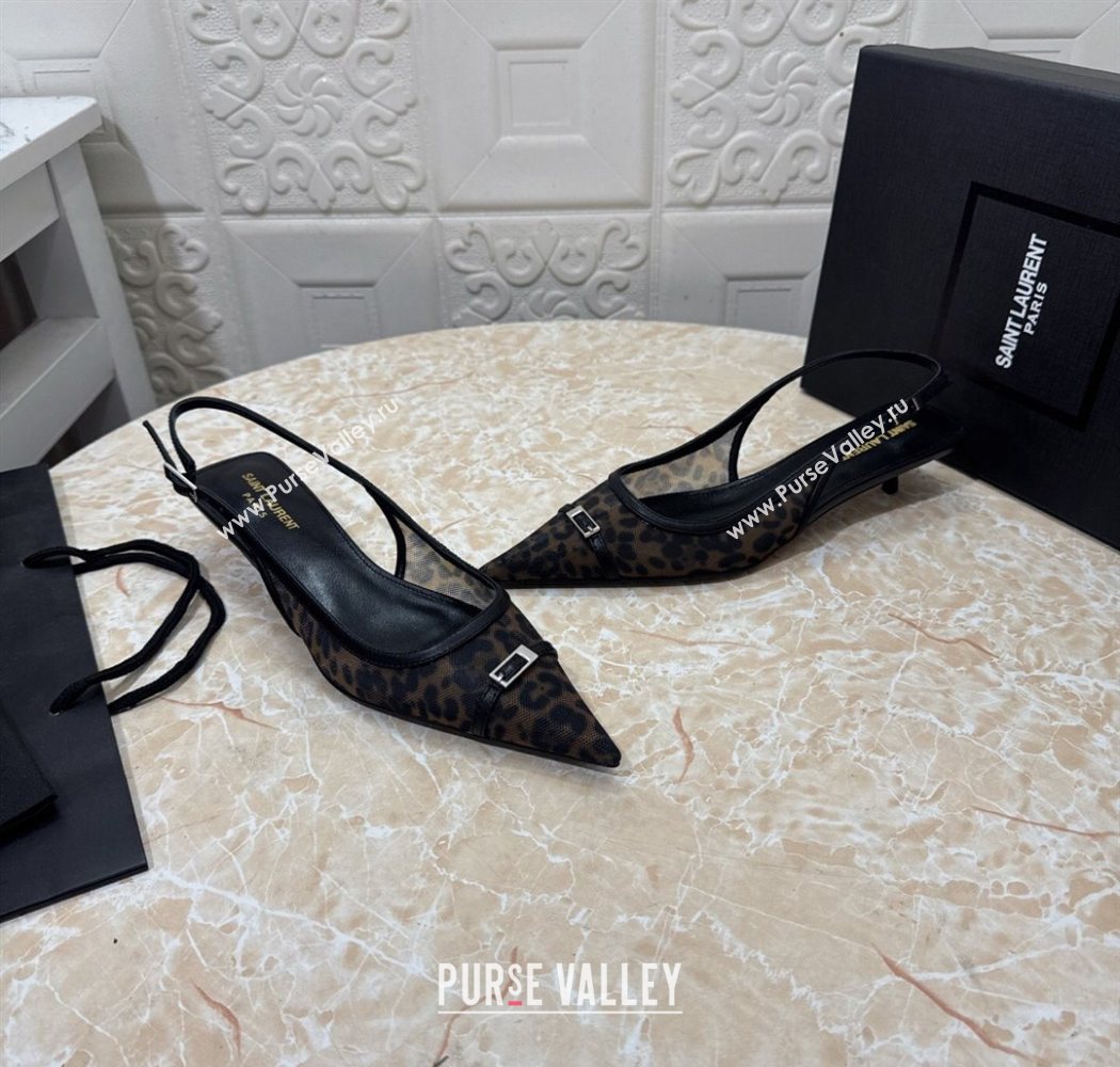 Saint Laurent Leopard Printed Mesh Slingback Pumps 3.5cm with Buckle 2025 SL082501 (MD-250825119)