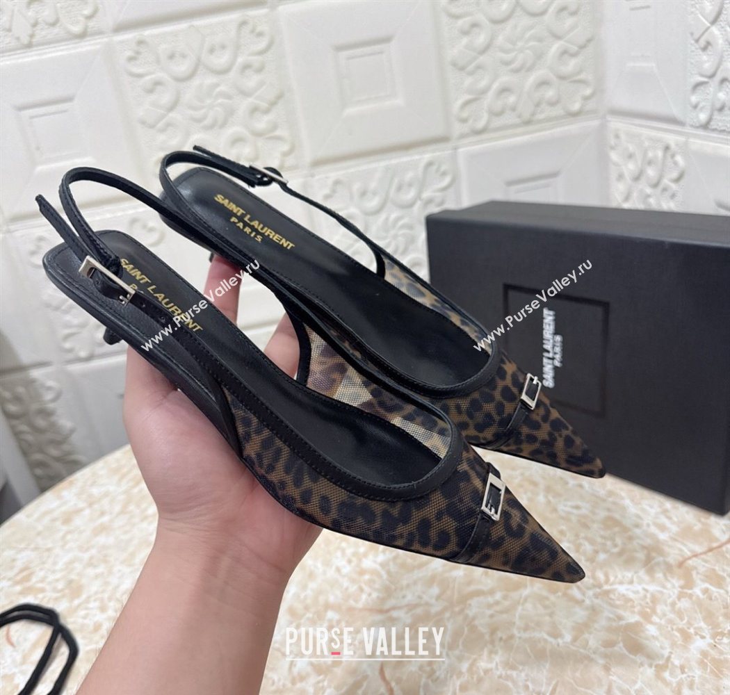 Saint Laurent Leopard Printed Mesh Slingback Pumps 3.5cm with Buckle 2025 SL082501 (MD-250825119)
