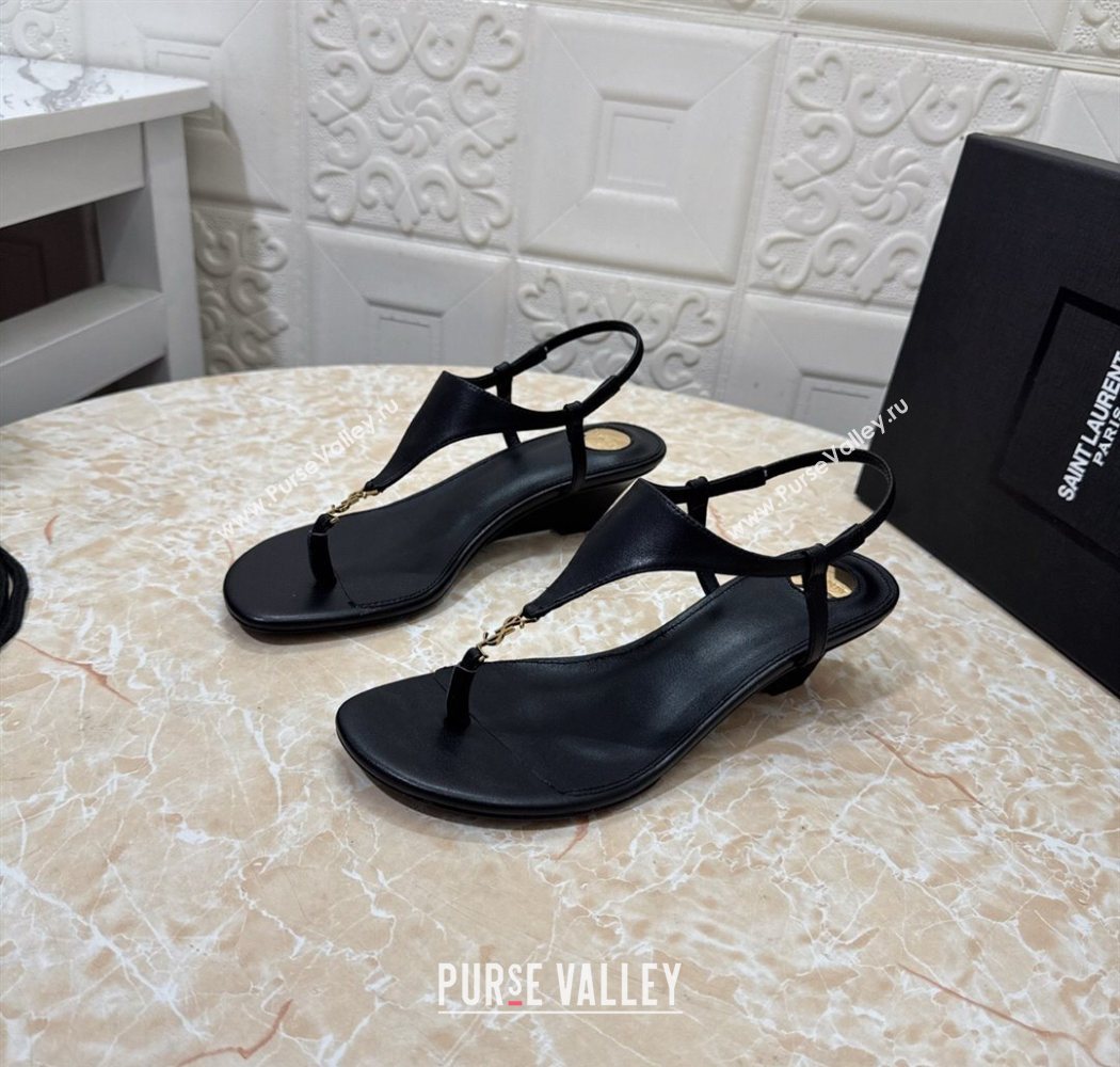 Saint Laurent Cassandra Wedge Thong Sandals 3.5cm in Calfskin Black 2025 825279 (MD-250825120)