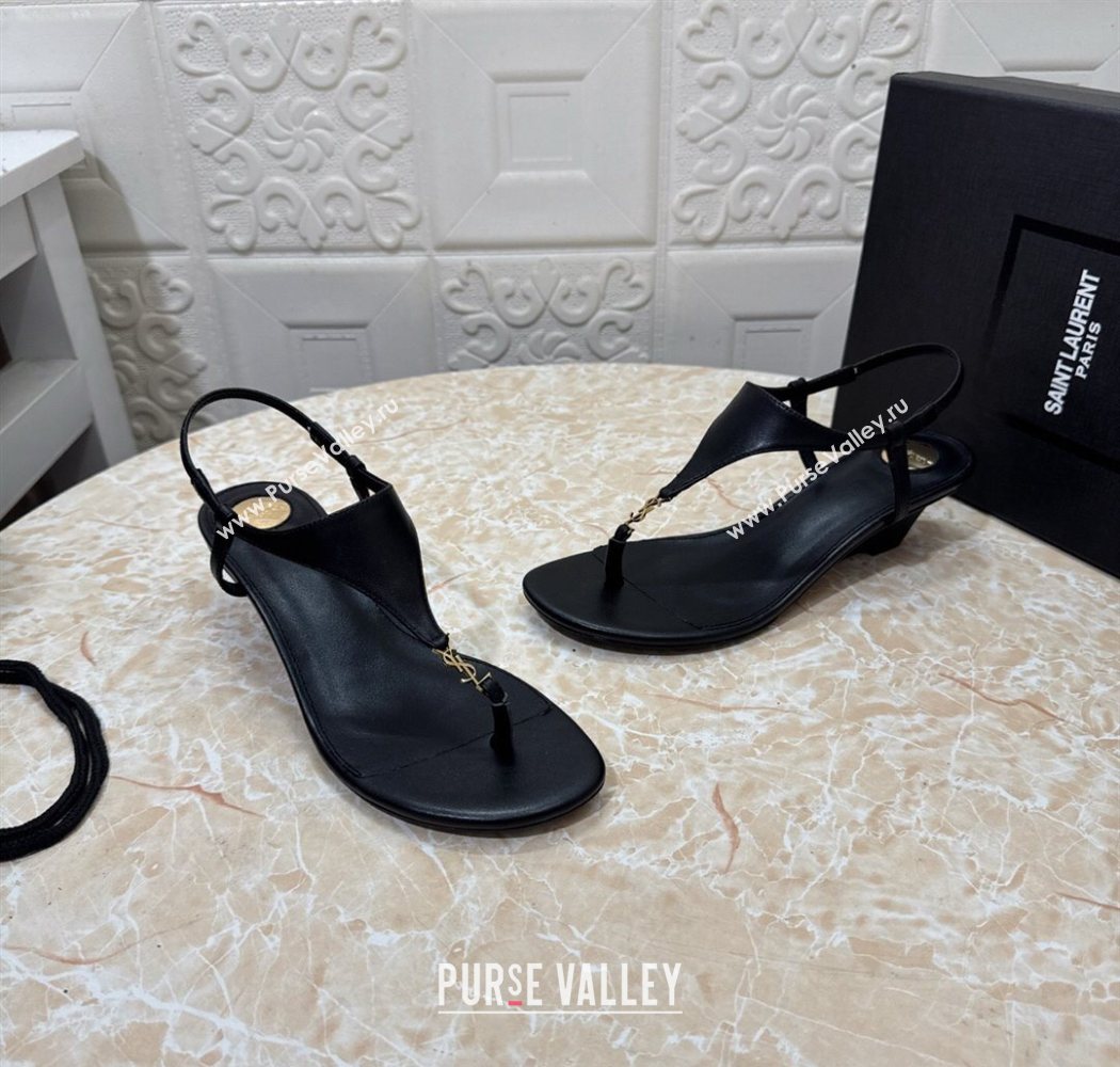 Saint Laurent Cassandra Wedge Thong Sandals 3.5cm in Calfskin Black 2025 825279 (MD-250825120)
