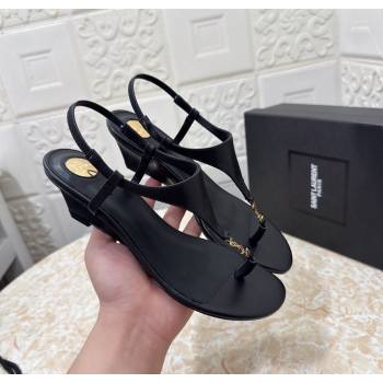 Saint Laurent Cassandra Wedge Thong Sandals 3.5cm in Calfskin Black 2025 825279 (MD-250825120)