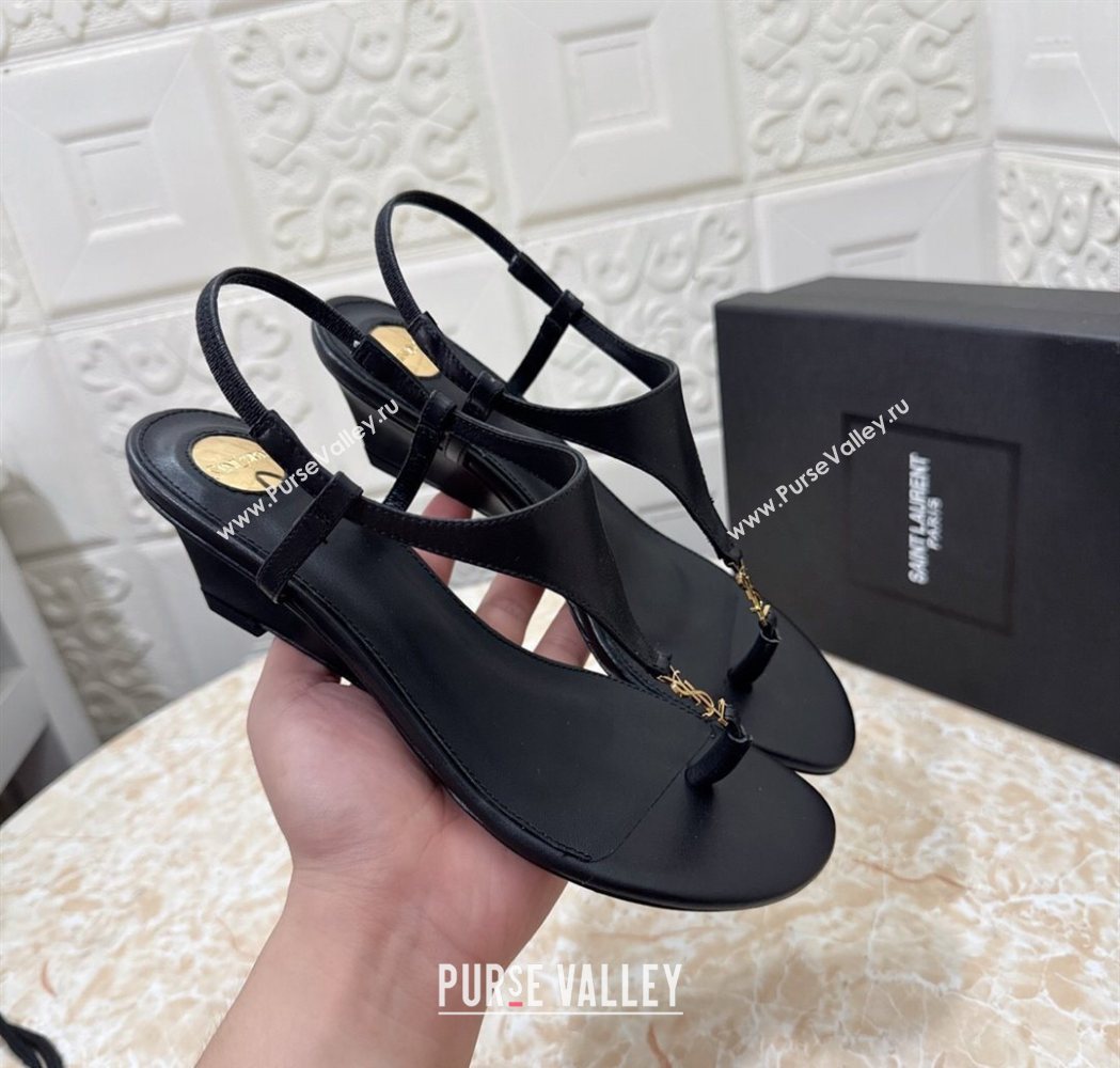 Saint Laurent Cassandra Wedge Thong Sandals 3.5cm in Calfskin Black 2025 825279 (MD-250825120)