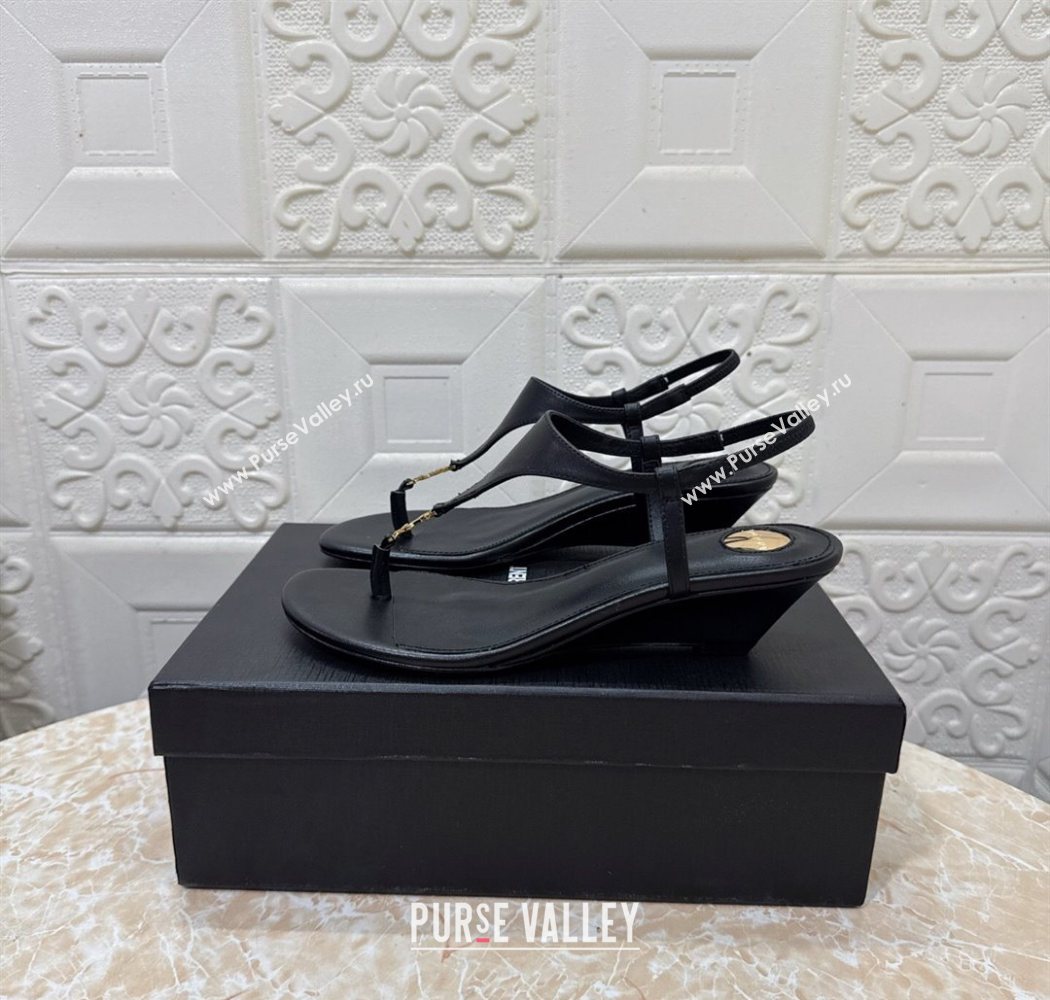 Saint Laurent Cassandra Wedge Thong Sandals 3.5cm in Calfskin Black 2025 825279 (MD-250825120)