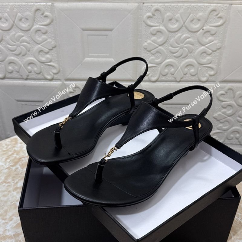 Saint Laurent Cassandra Wedge Thong Sandals 3.5cm in Calfskin Black 2025 825279 (MD-250825120)