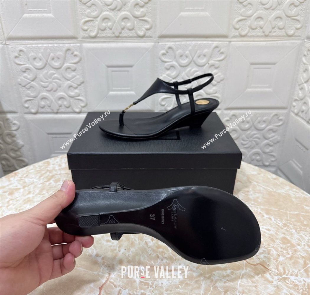 Saint Laurent Cassandra Wedge Thong Sandals 3.5cm in Calfskin Black 2025 825279 (MD-250825120)