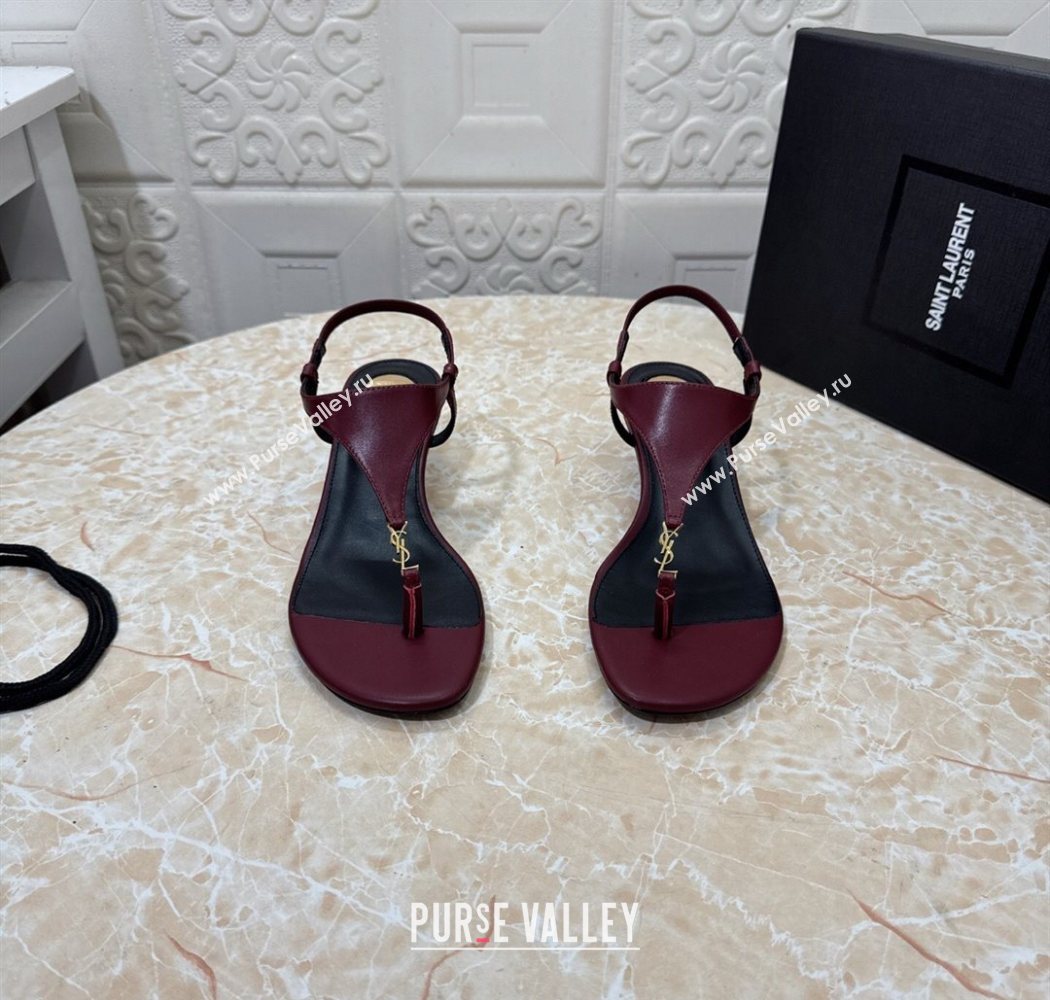 Saint Laurent Cassandra Wedge Thong Sandals 3.5cm in Calfskin Burgundy 2025 825279 (MD-250825121)
