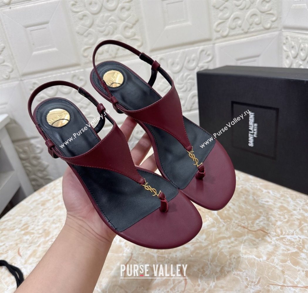 Saint Laurent Cassandra Wedge Thong Sandals 3.5cm in Calfskin Burgundy 2025 825279 (MD-250825121)
