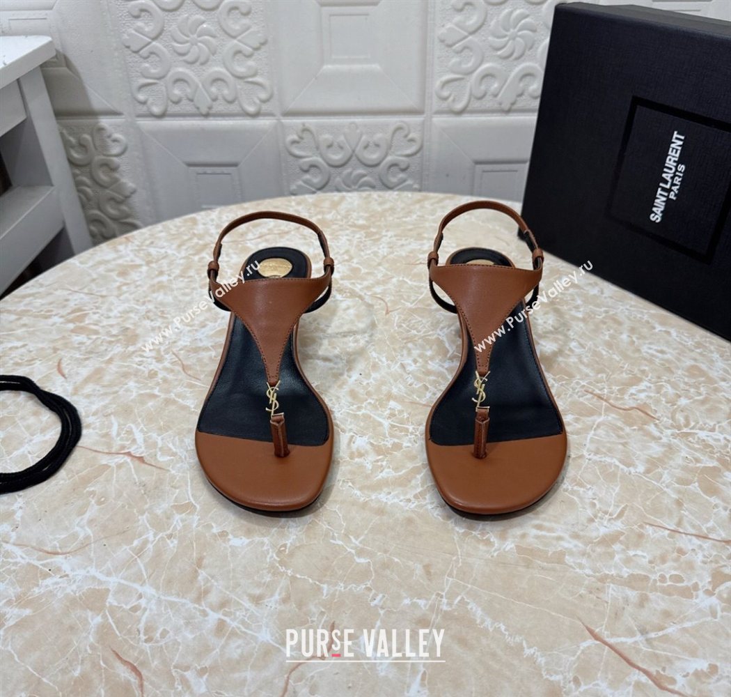 Saint Laurent Cassandra Wedge Thong Sandals 3.5cm in Calfskin Brown 2025 825279 (MD-250825122)
