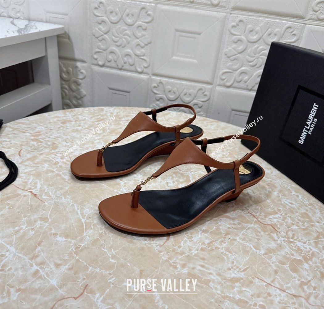 Saint Laurent Cassandra Wedge Thong Sandals 3.5cm in Calfskin Brown 2025 825279 (MD-250825122)