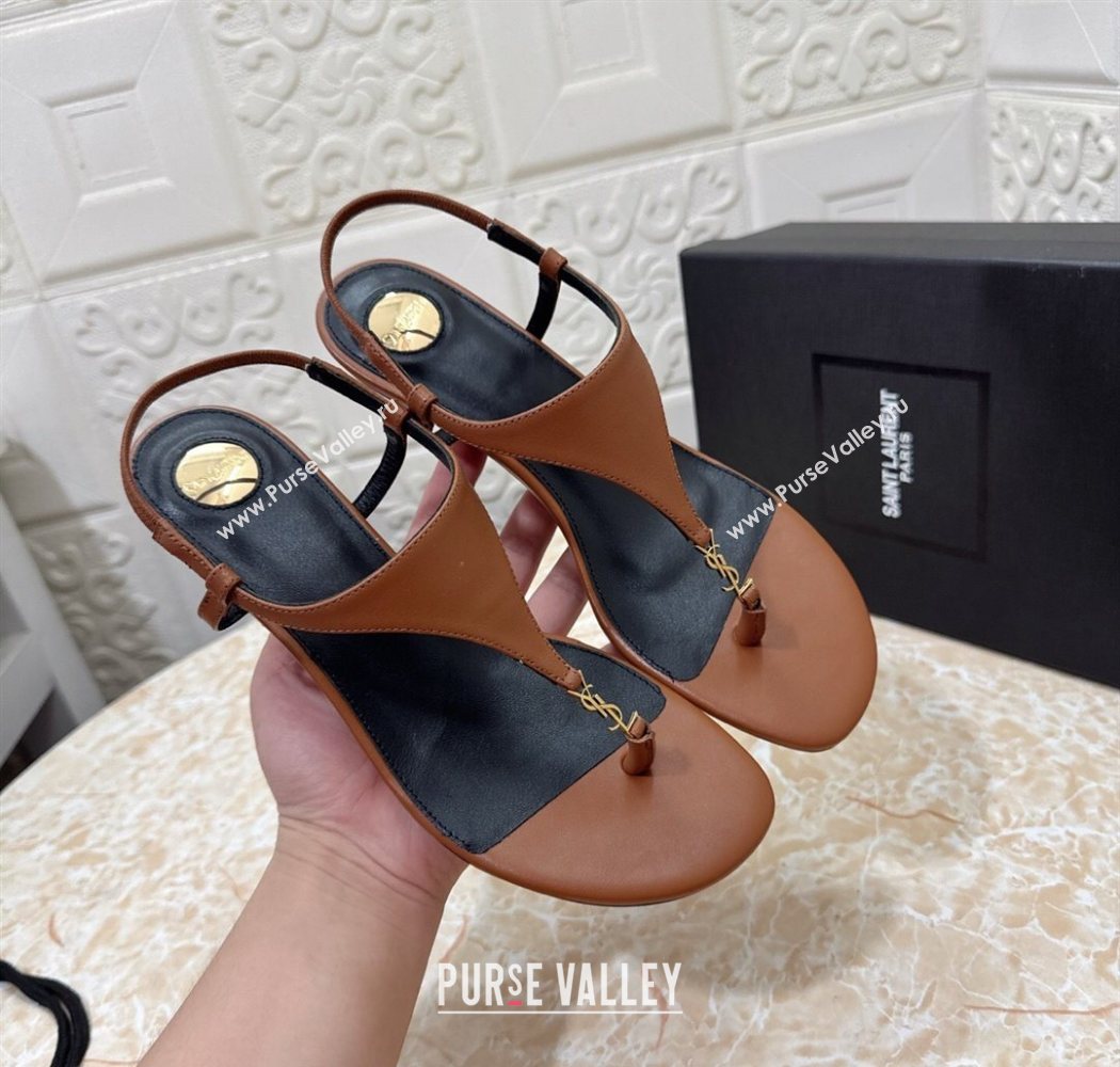 Saint Laurent Cassandra Wedge Thong Sandals 3.5cm in Calfskin Brown 2025 825279 (MD-250825122)
