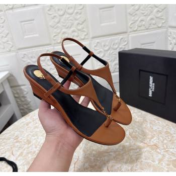 Saint Laurent Cassandra Wedge Thong Sandals 3.5cm in Calfskin Brown 2025 825279 (MD-250825122)