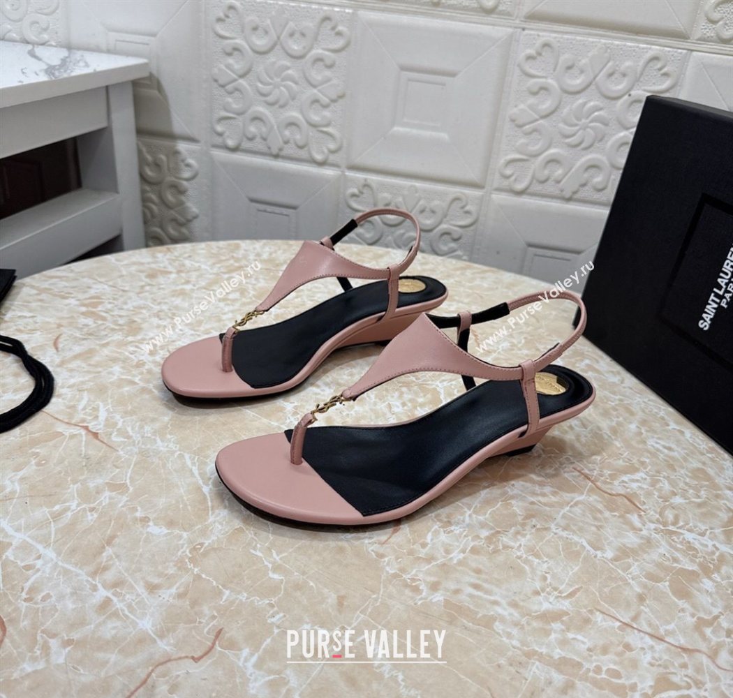 Saint Laurent Cassandra Wedge Thong Sandals 3.5cm in Calfskin Light Pink 2025 825279 (MD-250825123)