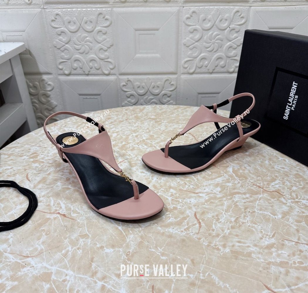Saint Laurent Cassandra Wedge Thong Sandals 3.5cm in Calfskin Light Pink 2025 825279 (MD-250825123)