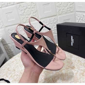 Saint Laurent Cassandra Wedge Thong Sandals 3.5cm in Calfskin Light Pink 2025 825279 (MD-250825123)