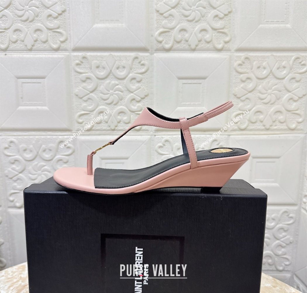 Saint Laurent Cassandra Wedge Thong Sandals 3.5cm in Calfskin Light Pink 2025 825279 (MD-250825123)
