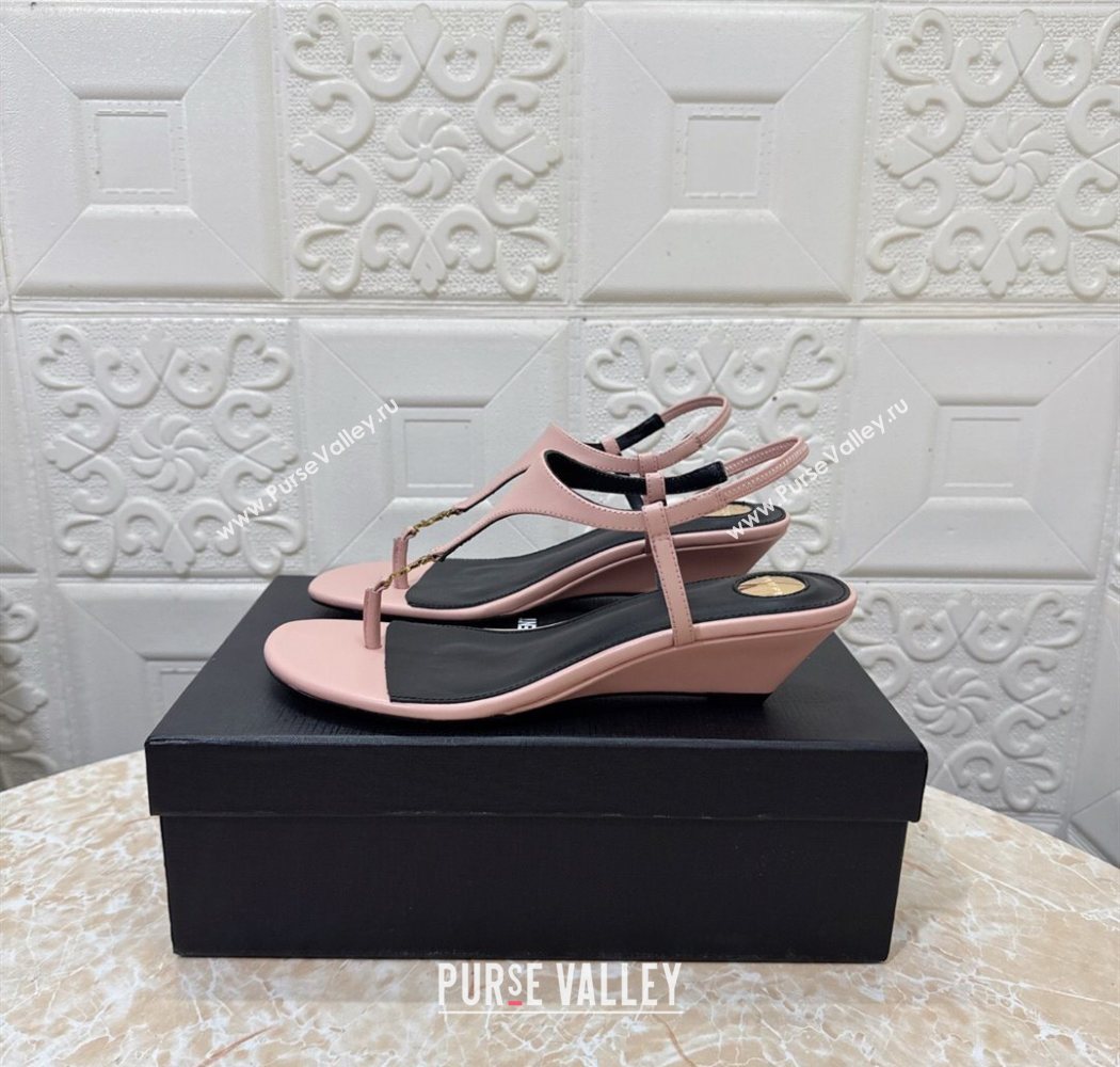 Saint Laurent Cassandra Wedge Thong Sandals 3.5cm in Calfskin Light Pink 2025 825279 (MD-250825123)