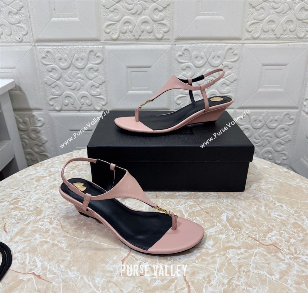 Saint Laurent Cassandra Wedge Thong Sandals 3.5cm in Calfskin Light Pink 2025 825279 (MD-250825123)
