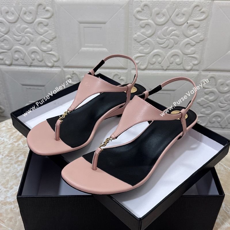 Saint Laurent Cassandra Wedge Thong Sandals 3.5cm in Calfskin Light Pink 2025 825279 (MD-250825123)