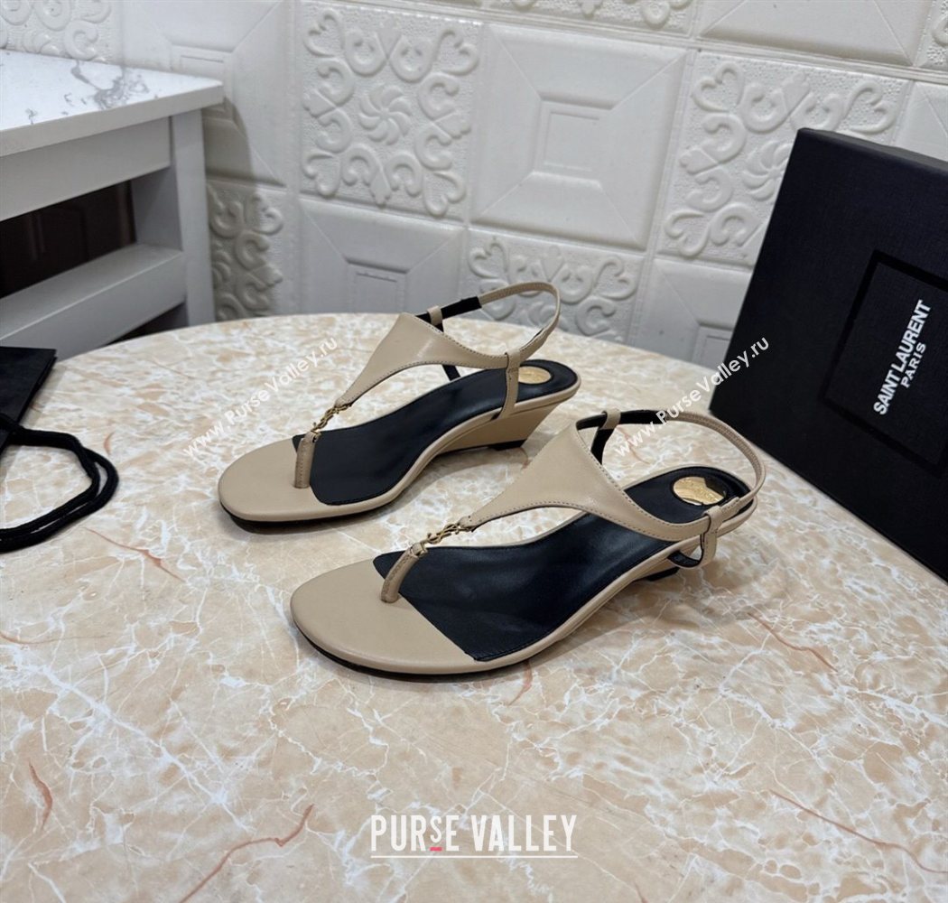 Saint Laurent Cassandra Wedge Thong Sandals 3.5cm in Calfskin Beige 2025 825279 (MD-250825124)