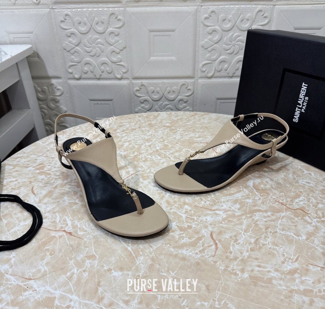 Saint Laurent Cassandra Wedge Thong Sandals 3.5cm in Calfskin Beige 2025 825279 (MD-250825124)