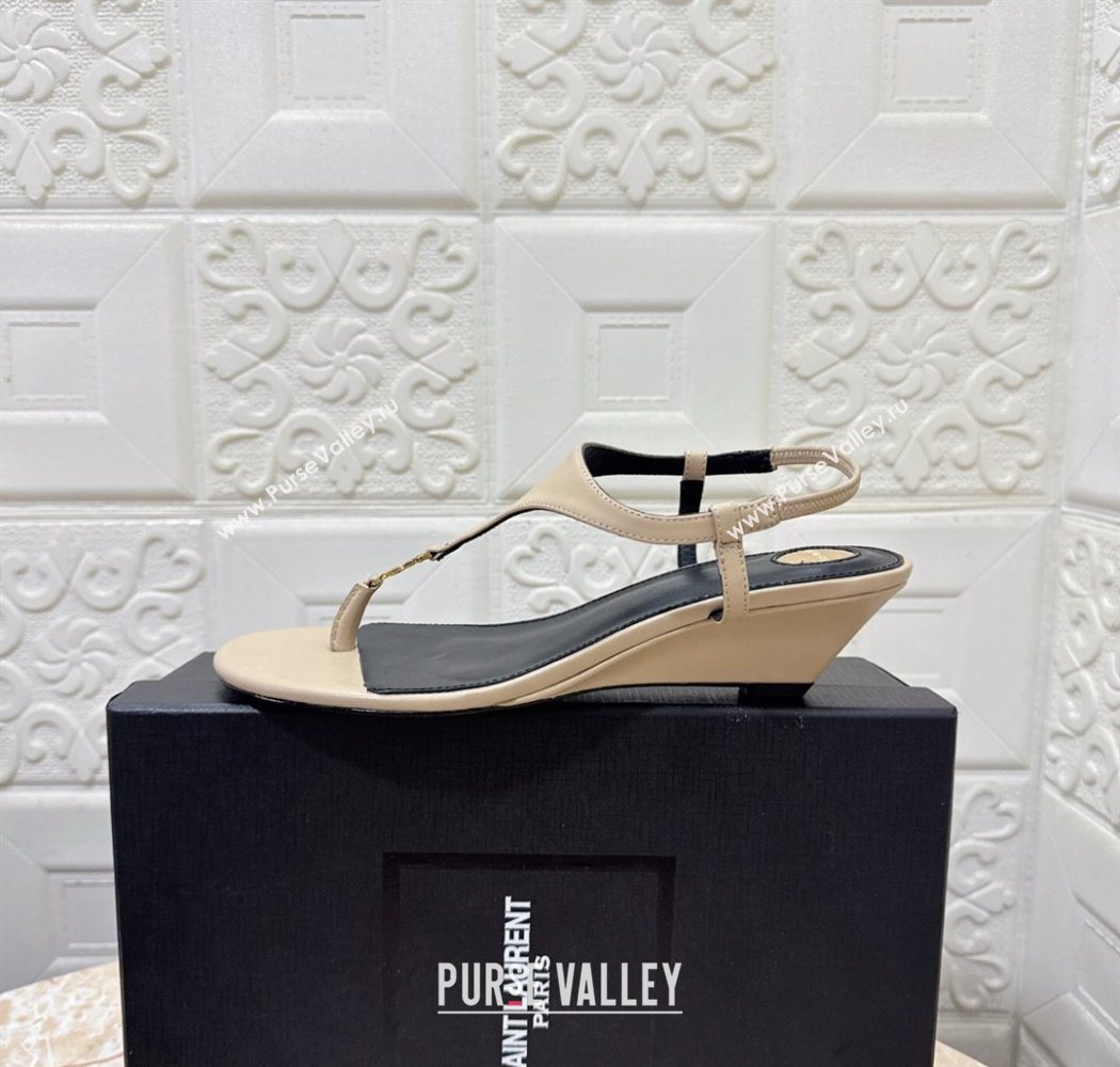 Saint Laurent Cassandra Wedge Thong Sandals 3.5cm in Calfskin Beige 2025 825279 (MD-250825124)