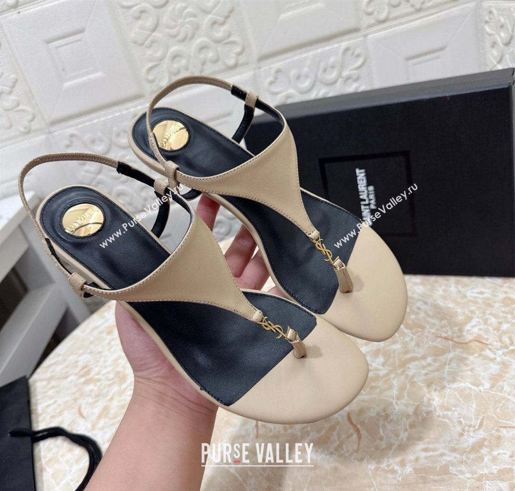 Saint Laurent Cassandra Wedge Thong Sandals 3.5cm in Calfskin Beige 2025 825279 (MD-250825124)