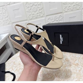 Saint Laurent Cassandra Wedge Thong Sandals 3.5cm in Calfskin Beige 2025 825279 (MD-250825124)