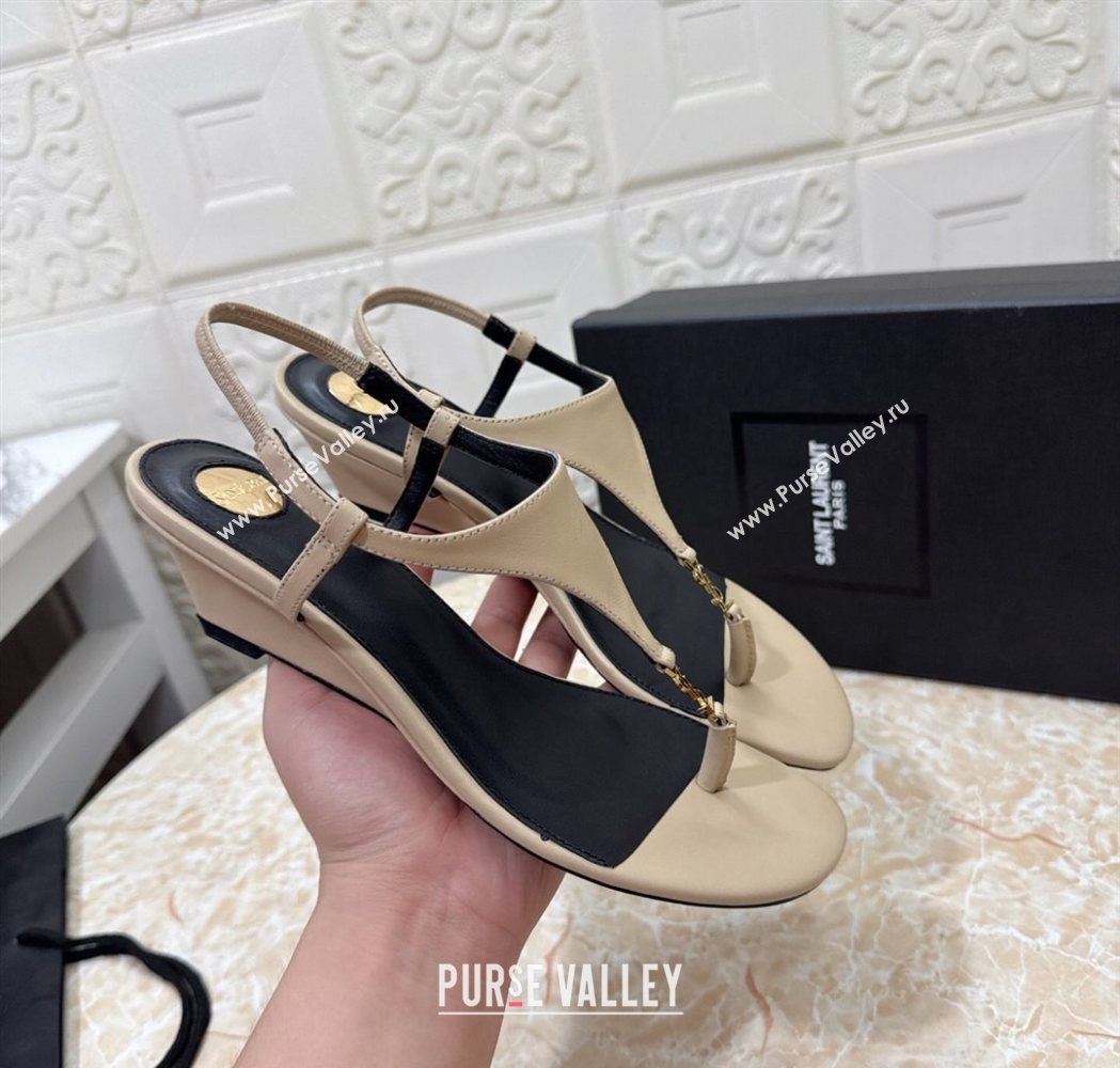 Saint Laurent Cassandra Wedge Thong Sandals 3.5cm in Calfskin Beige 2025 825279 (MD-250825124)