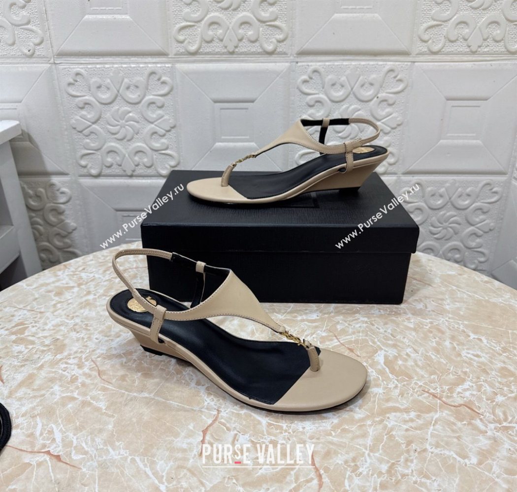 Saint Laurent Cassandra Wedge Thong Sandals 3.5cm in Calfskin Beige 2025 825279 (MD-250825124)