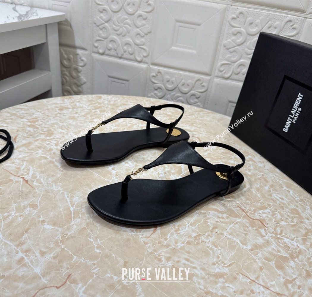 Saint Laurent Cassandra Flat Thong Sandals in Calfskin Black 2025 841570 (MD-250825126)