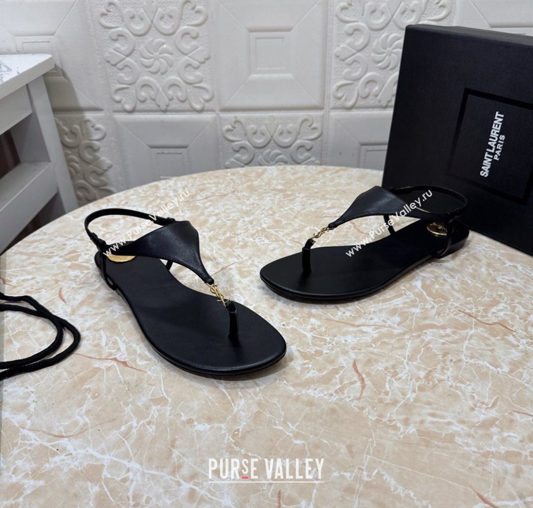 Saint Laurent Cassandra Flat Thong Sandals in Calfskin Black 2025 841570 (MD-250825126)