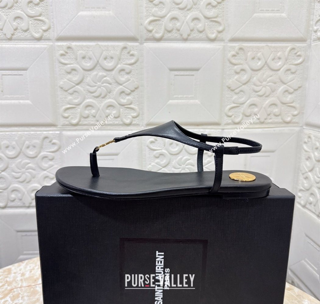 Saint Laurent Cassandra Flat Thong Sandals in Calfskin Black 2025 841570 (MD-250825126)