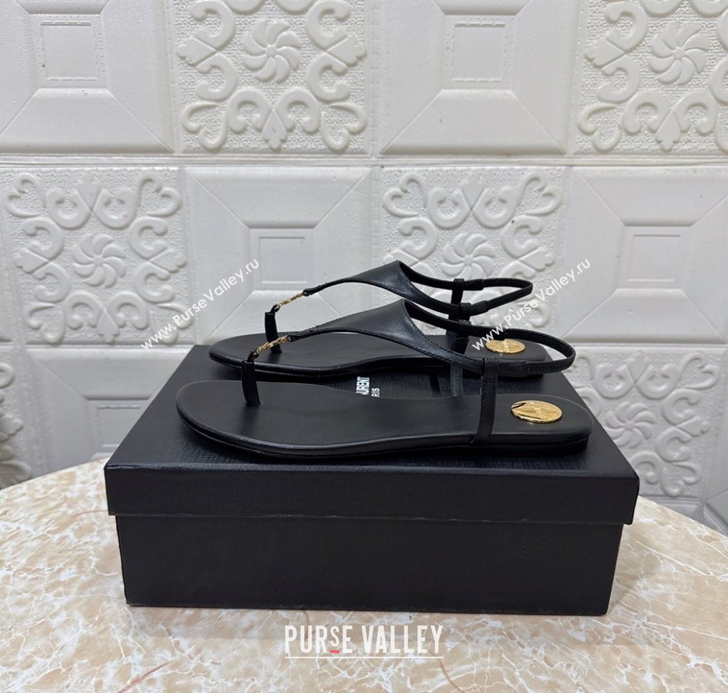 Saint Laurent Cassandra Flat Thong Sandals in Calfskin Black 2025 841570 (MD-250825126)