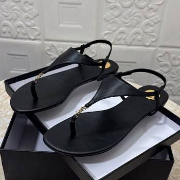 Saint Laurent Cassandra Flat Thong Sandals in Calfskin Black 2025 841570 (MD-250825126)