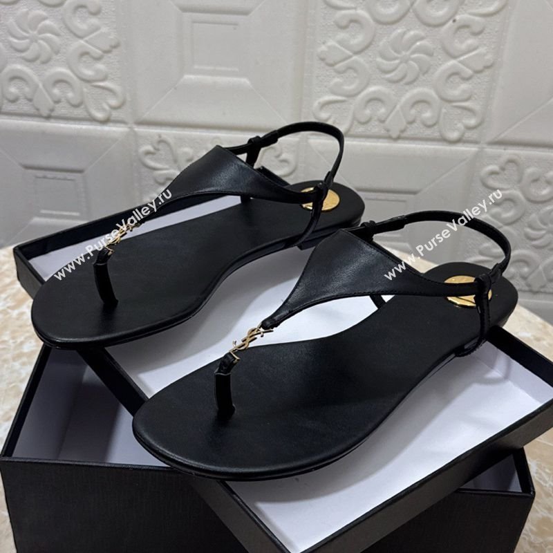 Saint Laurent Cassandra Flat Thong Sandals in Calfskin Black 2025 841570 (MD-250825126)