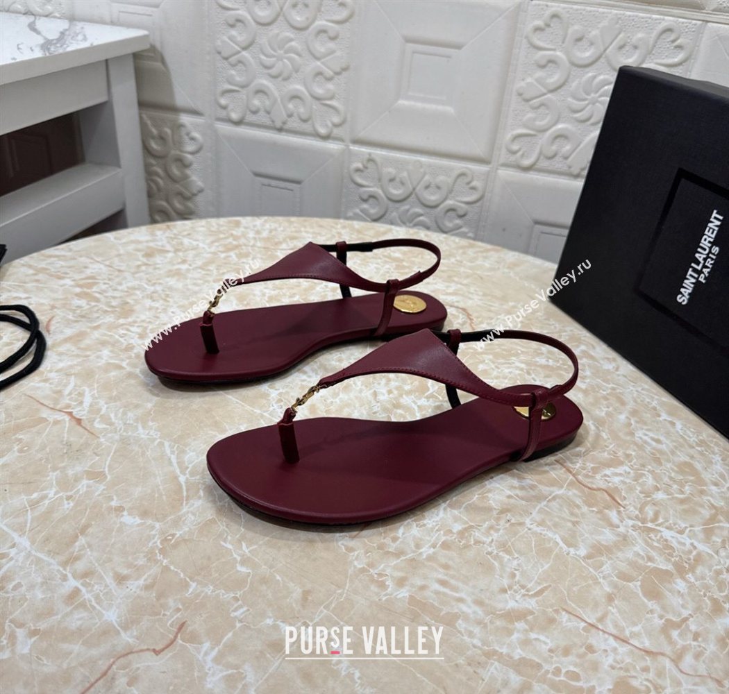 Saint Laurent Cassandra Flat Thong Sandals in Calfskin Burgundy 2025 841570 (MD-250825127)