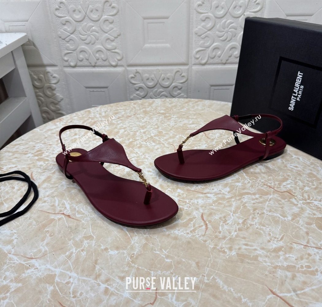Saint Laurent Cassandra Flat Thong Sandals in Calfskin Burgundy 2025 841570 (MD-250825127)