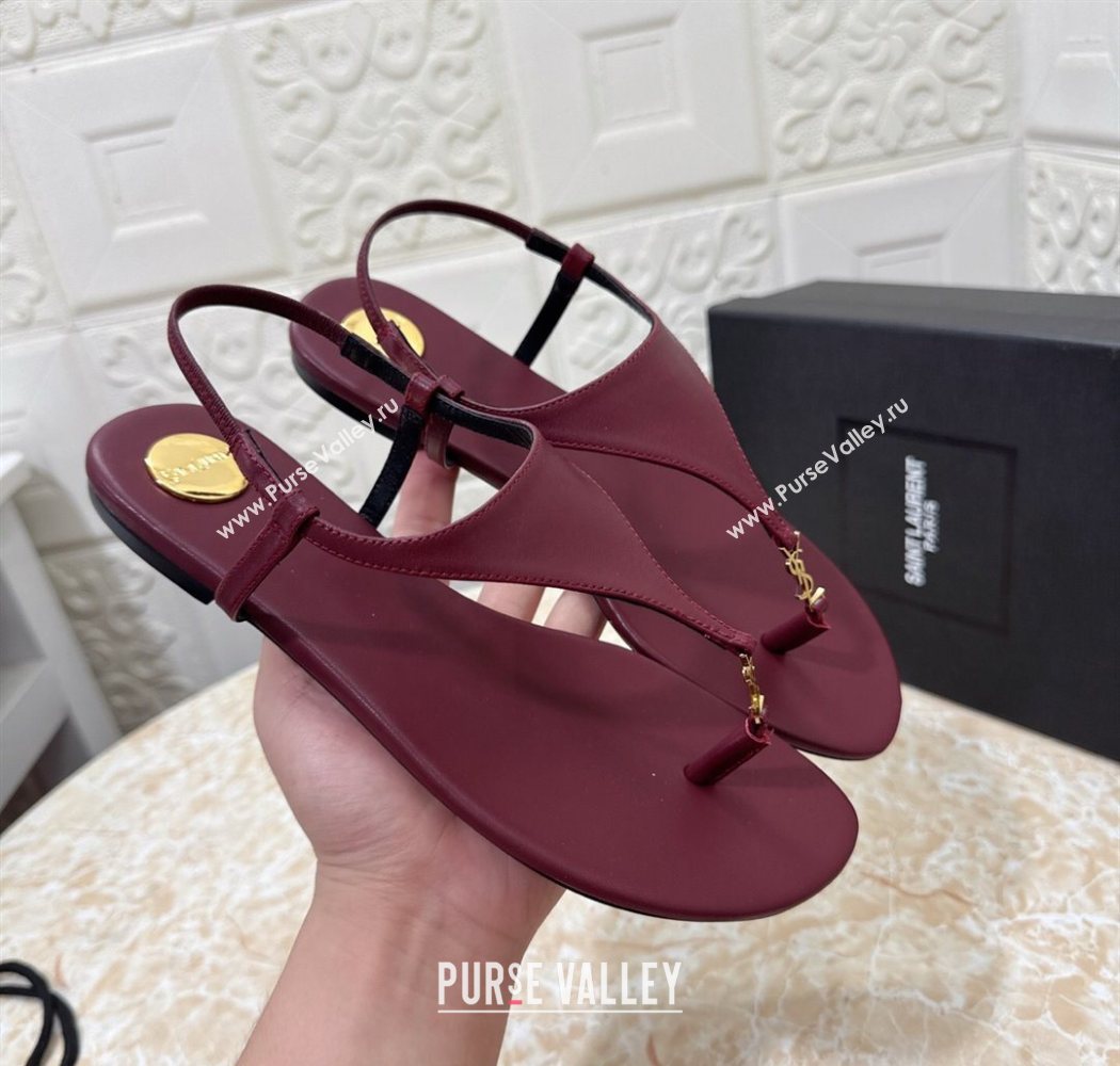Saint Laurent Cassandra Flat Thong Sandals in Calfskin Burgundy 2025 841570 (MD-250825127)