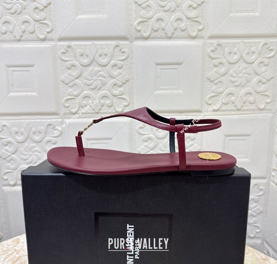 Saint Laurent Cassandra Flat Thong Sandals in Calfskin Burgundy 2025 841570 (MD-250825127)