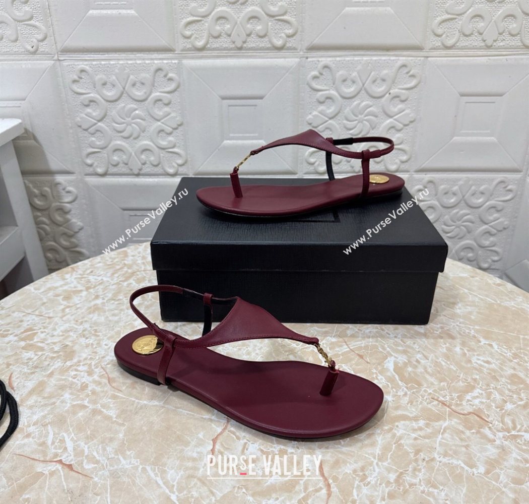 Saint Laurent Cassandra Flat Thong Sandals in Calfskin Burgundy 2025 841570 (MD-250825127)