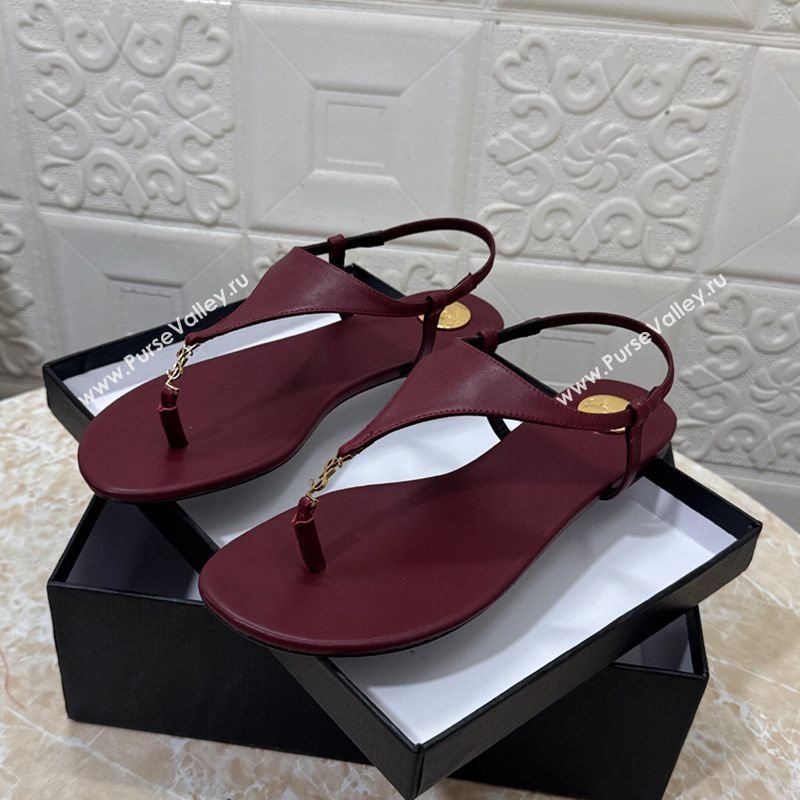 Saint Laurent Cassandra Flat Thong Sandals in Calfskin Burgundy 2025 841570 (MD-250825127)