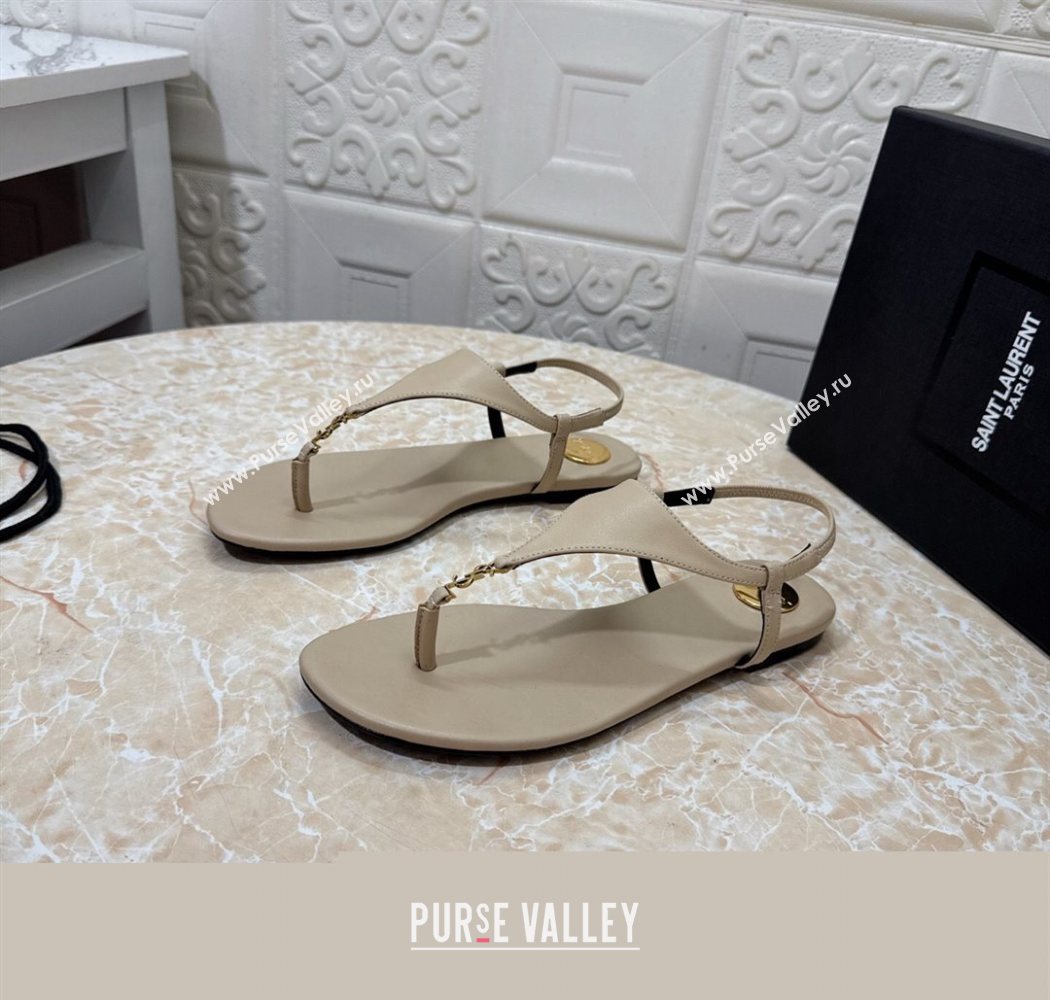 Saint Laurent Cassandra Flat Thong Sandals in Calfskin Beige 2025 841570 (MD-250825129)
